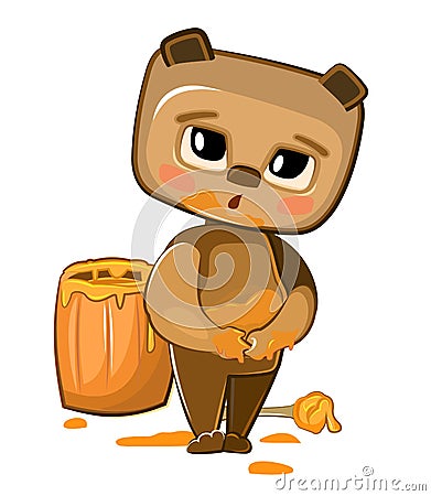 Cartoon Teddy Bear sweet tooth got soiled with honey. Wooden cask. Naive baby. Funny childish illustrations for print Vector Illustration