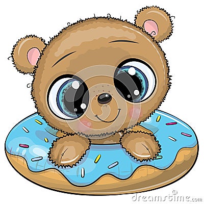 Cartoon Teddy Bear swimming on pool ring donut Vector Illustration