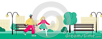 Cartoon teen couple walking in summer park - cityscape banner Vector Illustration