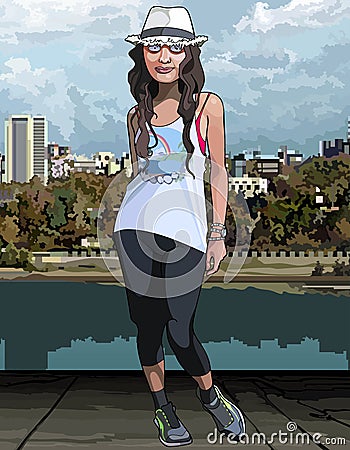 Cartoon teen girl on the city waterfront Stock Photo