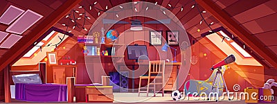 Cartoon teenage boy bedroom in attic of house Vector Illustration