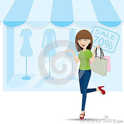 Cartoon teenage girl shopping on shop background Vector Illustration