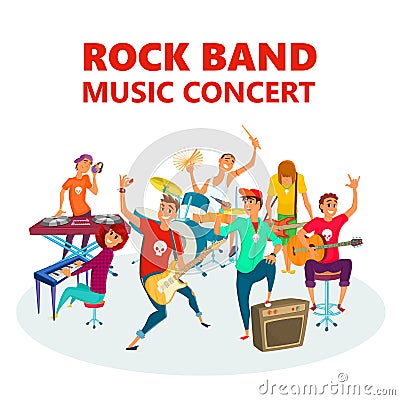 Cartoon Teenage Rock band. Concept music concert background vector illustration. Vector Illustration