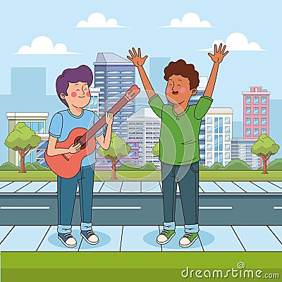 Cartoon teenager boys having fun in the street, colorful design Vector Illustration