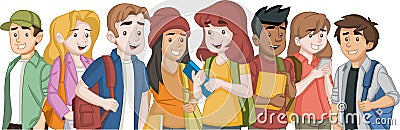 Cartoon teenager students with books and backpack. Vector Illustration