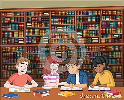 Cartoon teenager students with books on big library. Kids studying. Vector Illustration