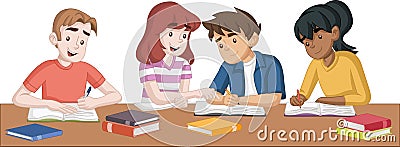 Cartoon teenager students with books. Kids studying. Vector Illustration