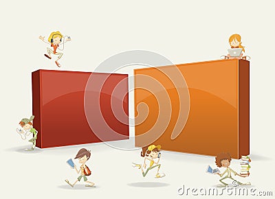 Cartoon teenager students with laptops, tablets and smart phones Vector Illustration