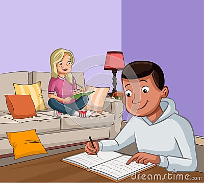 Cartoon teenagers working on their homework. Vector Illustration