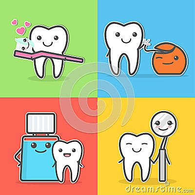 Cartoon teeth care and hygiene illustrations Vector Illustration