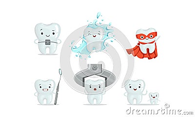 Cartoon Teeth Characters Collection. Teeth Medical Treatment Concept Vector Illustration