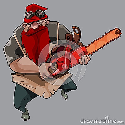 Cartoon terrible bearded man with chainsaw in his hands Vector Illustration