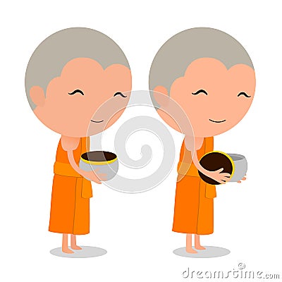 Cartoon Thai Monk receive food Vector Illustration