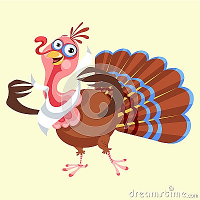 Cartoon thanksgiving turkey character in napkin, autumn holiday bird vector illustration happy greeting text on flyer or Vector Illustration