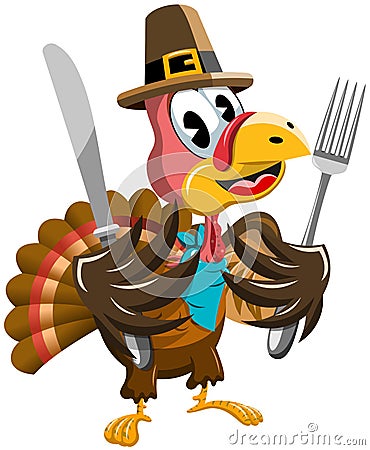 Cartoon Thanksgiving Turkey Fork Knife Vector Illustration