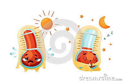 Cartoon Thermometer Character Sleeping and Sweating in Hot Weather Vector Set Vector Illustration