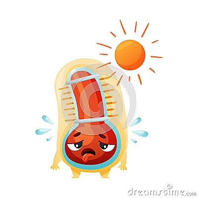 Cartoon Thermometer Character Sweating Because of Hot Sun Vector Illustration Vector Illustration