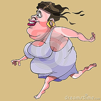 Cartoon thick woman funny fast running barefoot Vector Illustration