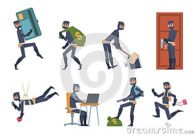 Cartoon thief. Car burglary and house robbery flat scenes, criminal person wearing black clothes. Vector hacking and Vector Illustration