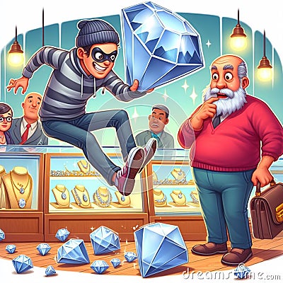 Cartoon thief caught stealing a massive diamond with shocked bystanders at a jewelry store Stock Photo