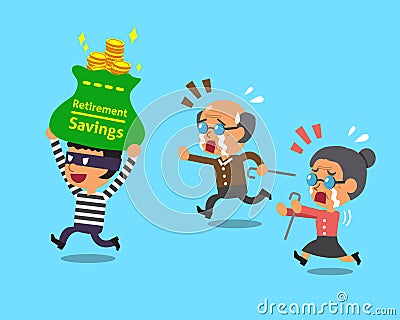 Cartoon thief stealing retirement savings bag Vector Illustration