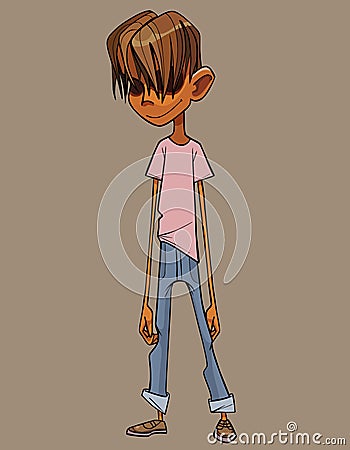 Cartoon thin boy with long bangs covering his eyes Vector Illustration