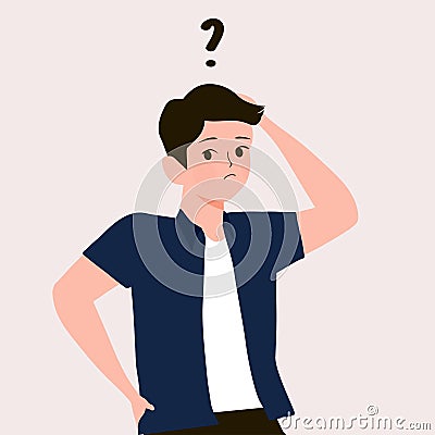 Cartoon thinking man with question mark vector illustration. Male is confusing. Portrait of thoughtful boy. smart men thinking or Vector Illustration