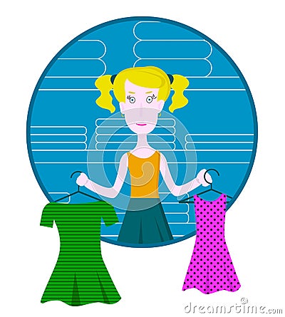 Cartoon thoughtful woman holding two neckties and trying to choose the best one at clothing store Vector Illustration