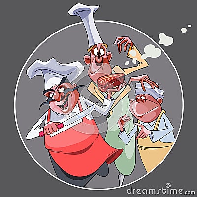 Cartoon three funny cooks prepared food Vector Illustration