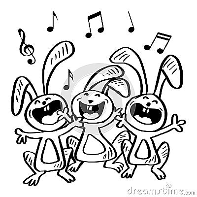 Cartoon three funny rabbit singing Stock Photo