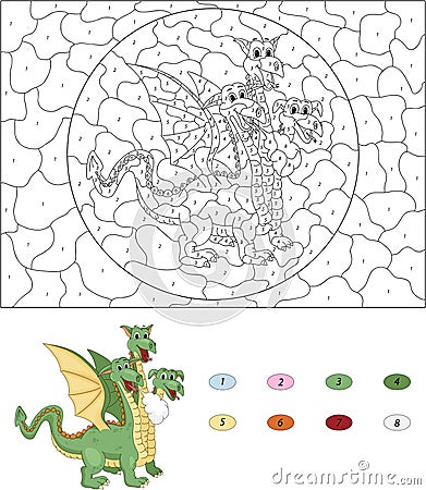 Cartoon three headed dragon. Color by number Vector Illustration