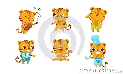Cartoon Tiger Cub Playing Guitar and Doing Physical Exercise Vector Set Vector Illustration