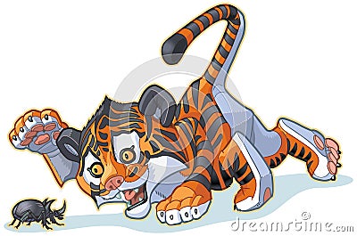 Cartoon Tiger Cub Plays with Rhinoceros Beetle Vector Illustration