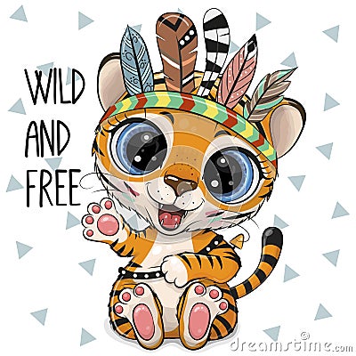 Cartoon Tiger with feathers on a white background Vector Illustration