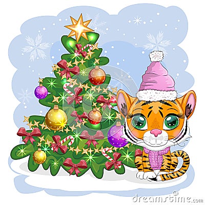 Cartoon tiger in a hat and scarf with a gift near the Christmas tree. Winter time. Children's style, sweetheart. Happy Vector Illustration
