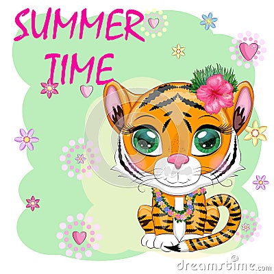 Cartoon tiger hula dancer. Hawaii, Vacation, Sea, Vacation. Summer is coming. Children's style, sweetheart. Symbol of Vector Illustration