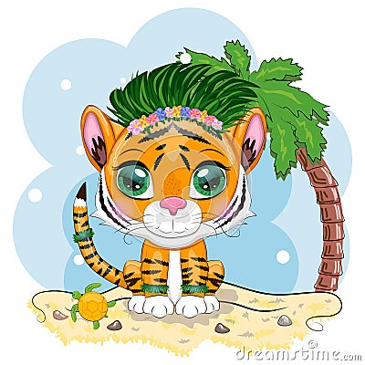 Cartoon tiger hula dancer. Hawaii, Vacation, Sea, Vacation. Summer is coming. Children's style, sweetheart. Symbol of Vector Illustration