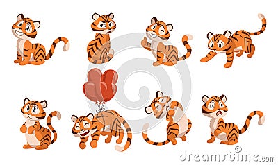 Cartoon tiger. Little funny character for New 2022 Year. Adorable happy animal posing with smile. Cute creature Vector Illustration