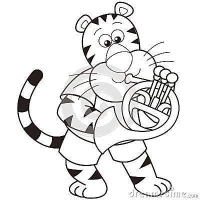 Cartoon Tiger Playing a French Horn Vector Illustration