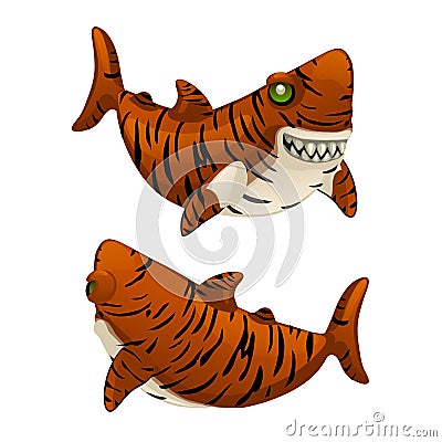 Cartoon tiger shark bares his sharp teeth isolated on white background. Vector illustration. Vector Illustration