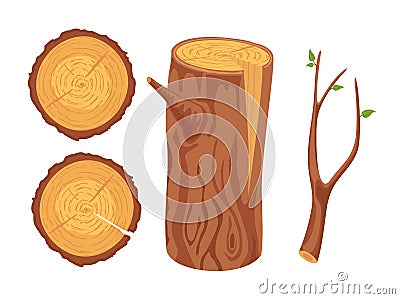 Cartoon timber. Hardwoods construction materials vector isolated set. Wood log and trunk, stump and plank. Wooden Vector Illustration