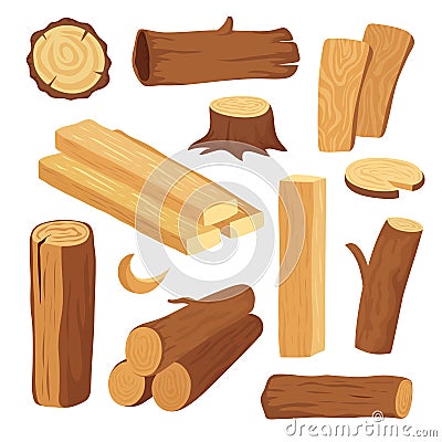 Cartoon timber. Wood log and trunk, stump and plank. Wooden firewood logs. Hardwoods construction materials vector Vector Illustration