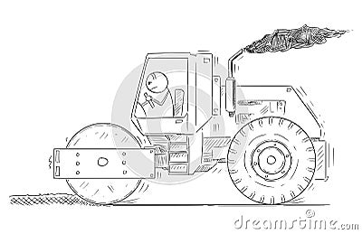 Cartoon of Tired Man Driving or Working With Road Roller Vector Illustration