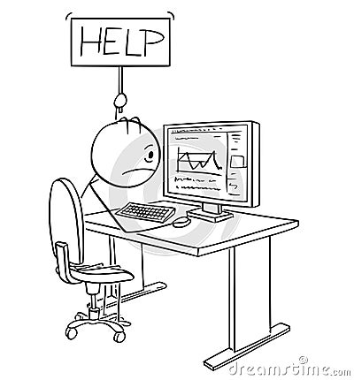 Cartoon of Tired or Stressed Man or Businessman Working on Computer Holding Help Sign Vector Illustration