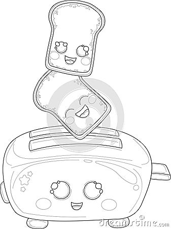 Cartoon toaster with cute bread slices sketch template. Vector Illustration