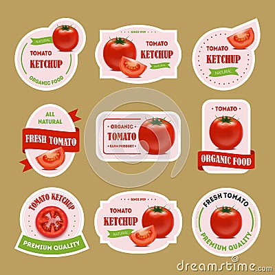 Cartoon Tomato Badges or Labels Set. Vector Vector Illustration