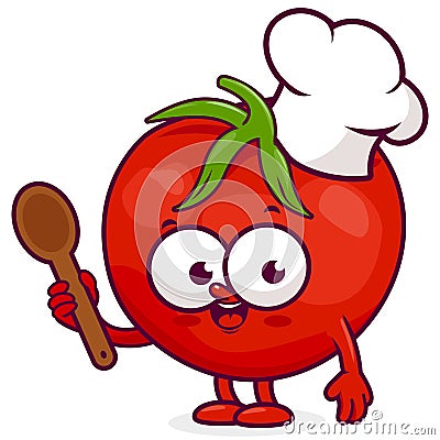 Cartoon tomato chef holding a cooking spoon. Vector illustration Vector Illustration