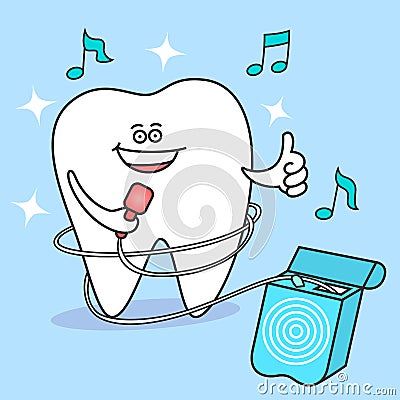 Cartoon tooth with dental floss. Flossing teeth. Tooth singing Stock Photo