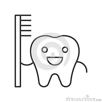 Cartoon tooth hold toothbrush, simple outline icon dental care s Vector Illustration