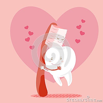 Cartoon tooth hug with brush Vector Illustration